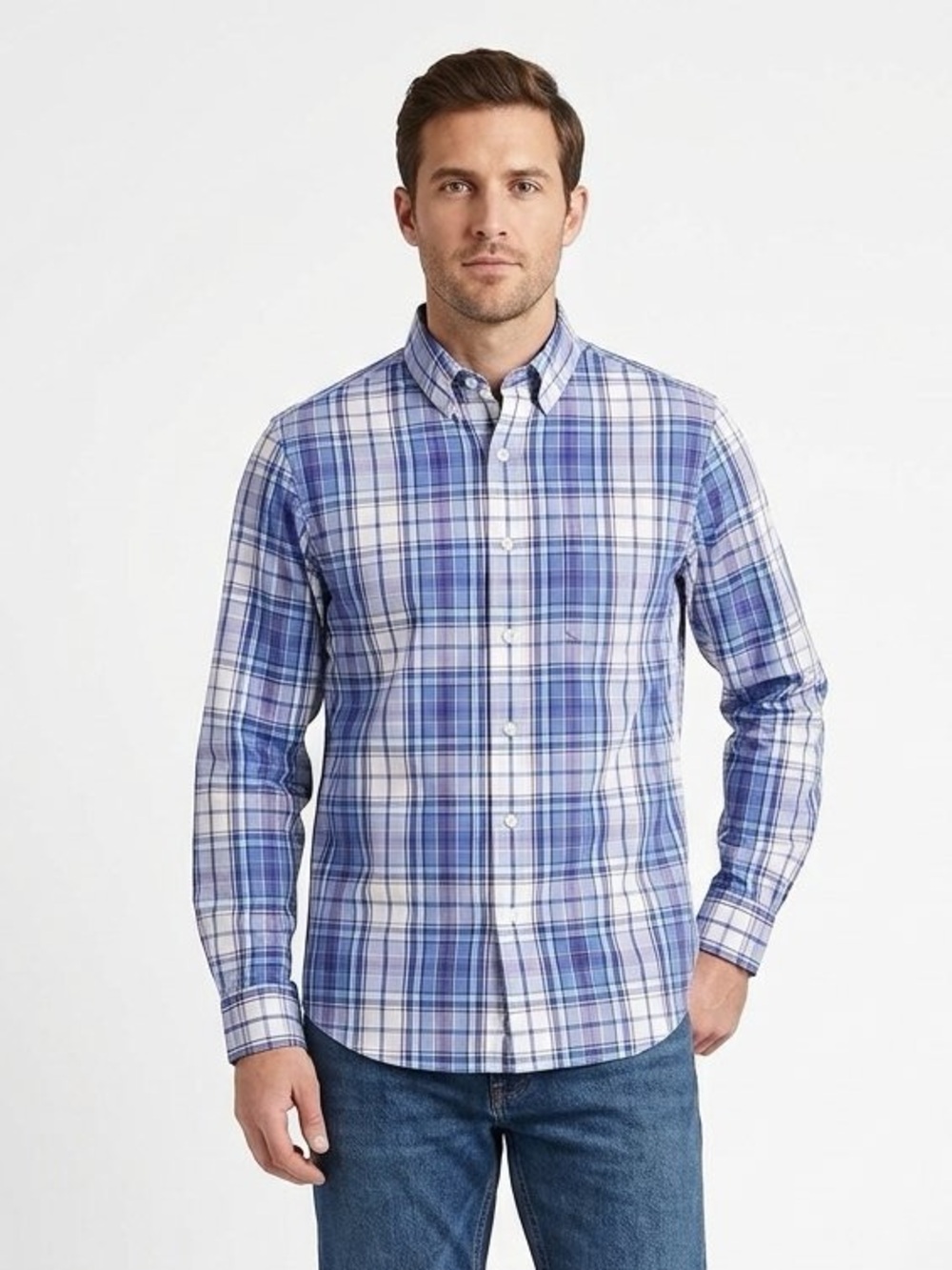 RALPH LAUREN CHAPS Easy Care Twill Plaid Button Down L/S Shirt Blue White $55 L